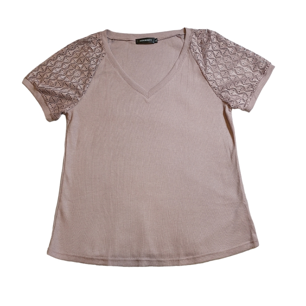 MEROKEETY Women's Summer Lace Short Sleeve V Neck Top Size XL